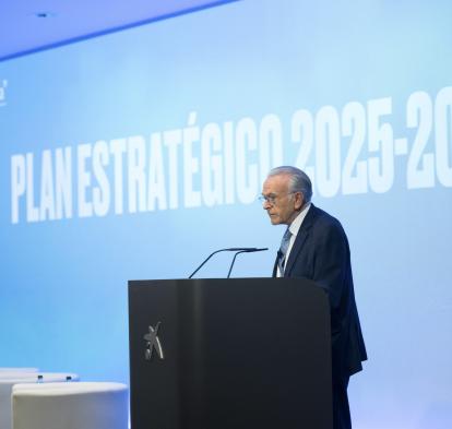 Isidre Fainé durant la presentació del Pla Estratègic als empleats de la Fundació ”la Caixa”.
