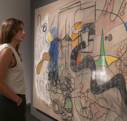 Una visitant de l'exposició admirant l'obra «Gosadía», de Rafa Forteza.