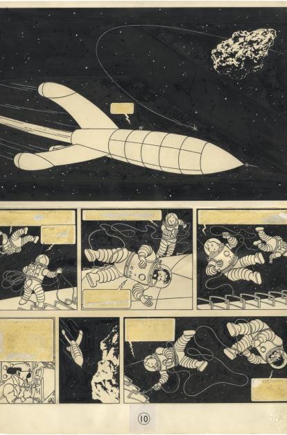 George Rémi, Hergé. «On a marché sur la Lune». Tintin, vol. 17, pàgina 6, Casterman 1954. Tinta xinesa sobre paper. 9e Art Références, París.