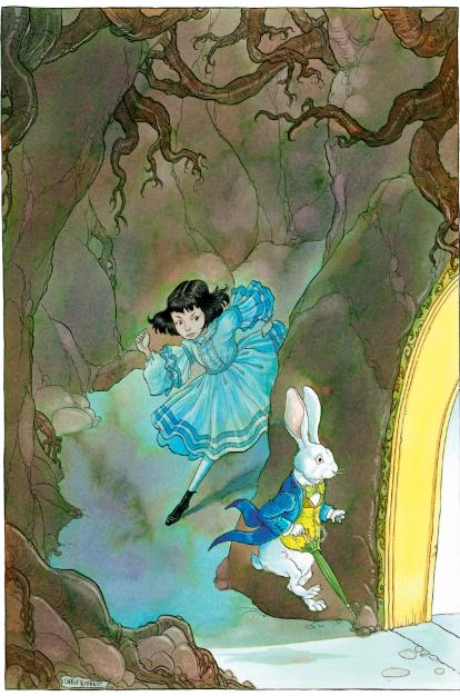 Artwork of Alice following the White Rabbit.