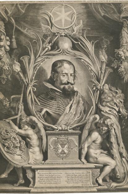Paulus Pontius (grabador) y Pedro Pablo Rubens (inventor), a partir de Diego Velázquez, «Retrato alegórico del conde duque de Olivares», 1626. Aguafuerte y buril sobre papel verjurado.