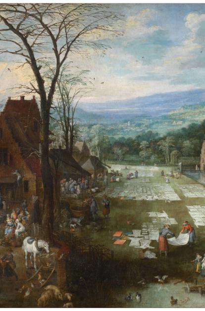 Jan Brueghel el Viejo y Joost de Momper II, «Mercado y lavadero en Flandes», h. 1620. Óleo sobre lienzo.