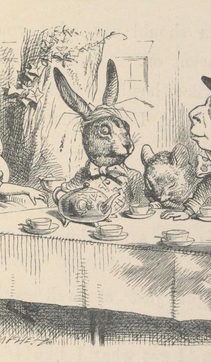 Alicia en la fiesta del té del Sombrerero Loco, ilustración para Alicia en el País de las Maravillas de John Tenniel, 1865. 