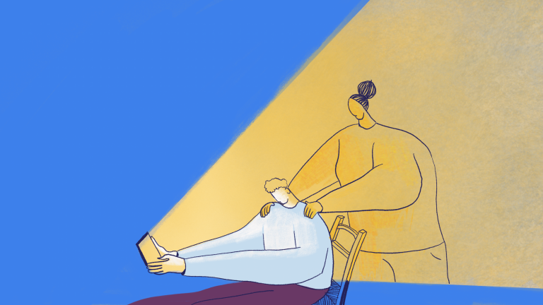 Ilustración de una persona mirando una tablet de cuya luz surge una figura que le apoya las manos en los hombros.