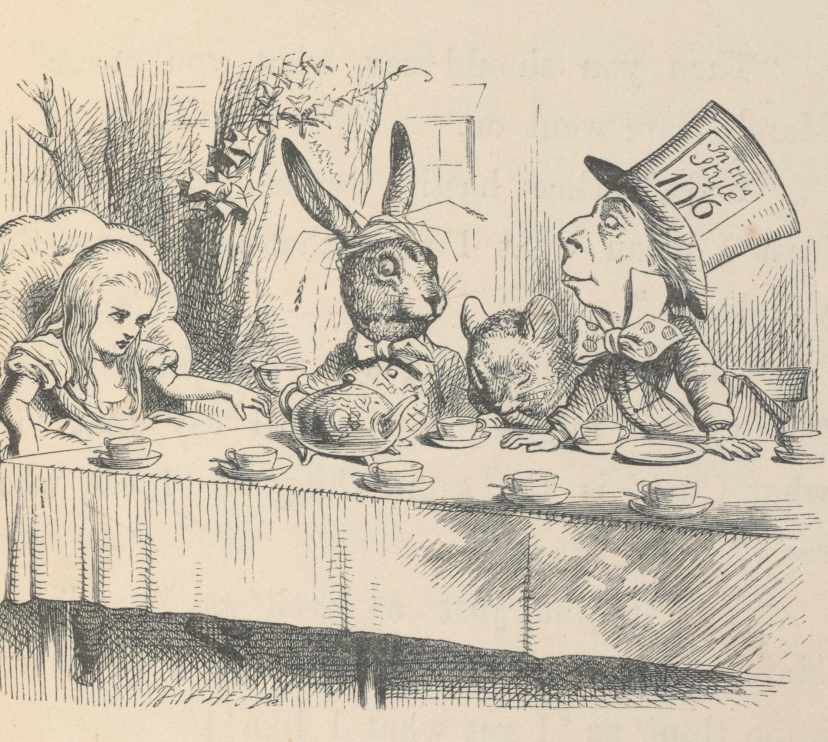 Alicia en la fiesta del té del Sombrerero Loco, ilustración para Alicia en el País de las Maravillas de John Tenniel, 1865.