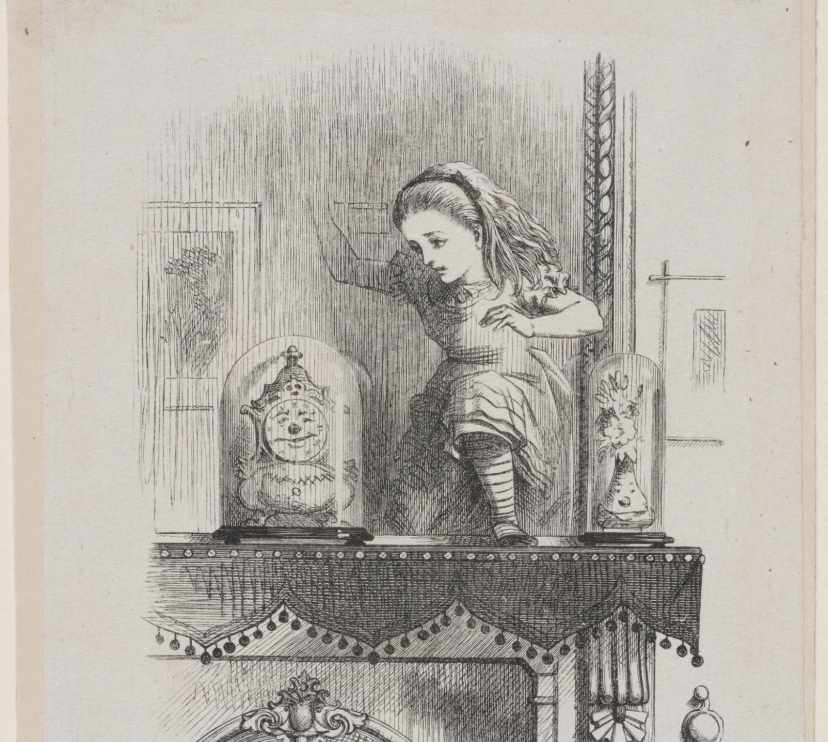 Il·lustració de A través del mirall, gravat realitzat per Dalziel Brothers a partir d'un dibuix de Sir John Tenniel. E.2831-1901.
