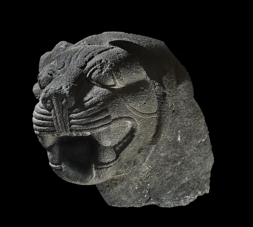 Cabeza de basalto gris de un león rugiente, siglo IX a. de C., Carcamís (frontera entre Siria y Turquía). 1927,1114.5.