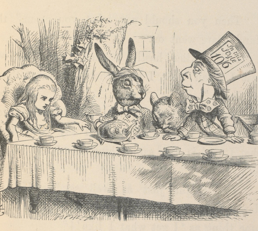 Alicia en la fiesta del té del Sombrerero Loco, ilustración para Alicia en el País de las Maravillas de John Tenniel, 1865. 
