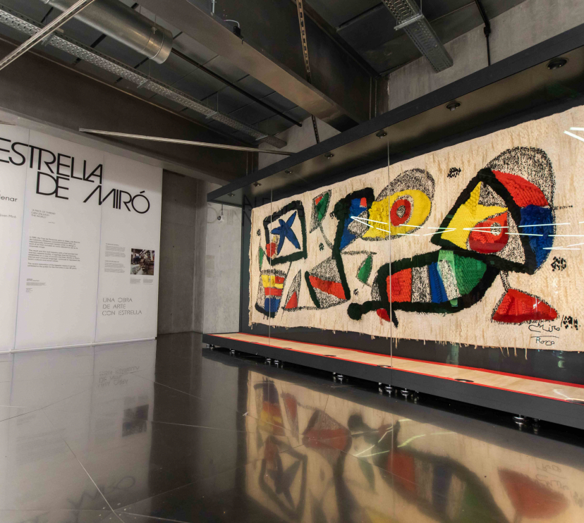 La estrella de Miró muestra el tapiz a los visitantes que llegan y se van del centro acompañado de plafones que cuentan la historia de la pieza.