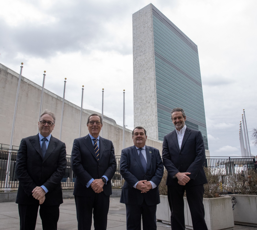 D’esquerra a dreta: el subdirector general de la Fundació ”la Caixa”, Marc Simón; el director general de la Fundació ”la Caixa”, Antoni Vila Bertrán; l’alt comissionat contra la Pobresa Infantil del Govern d’Espanya, Ernesto Gasco, i el director general de Save the Children Espanya, Andrés Conde, han presentat el programa CaixaProinfància davant de l’ONU.