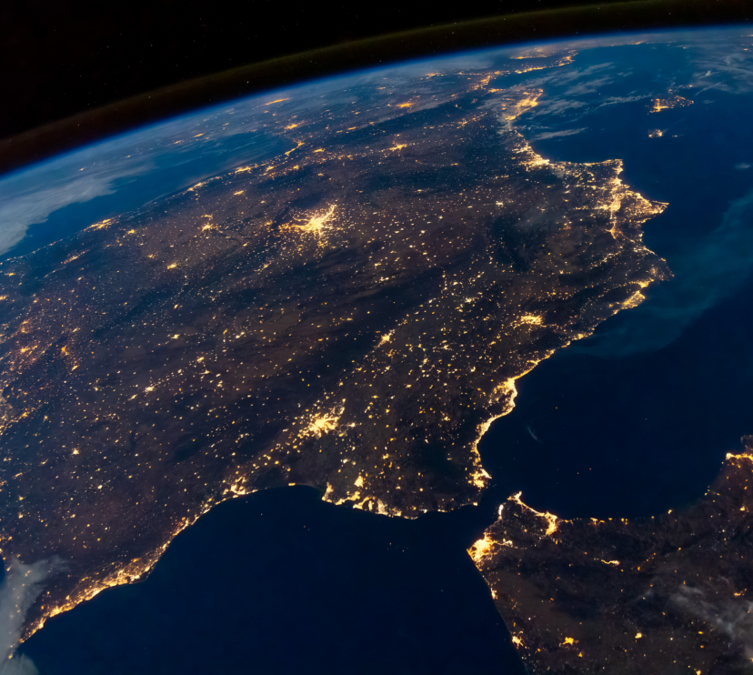 The Iberian Peninsula at night, showing different levels of light pollution in Spain and Portugal.