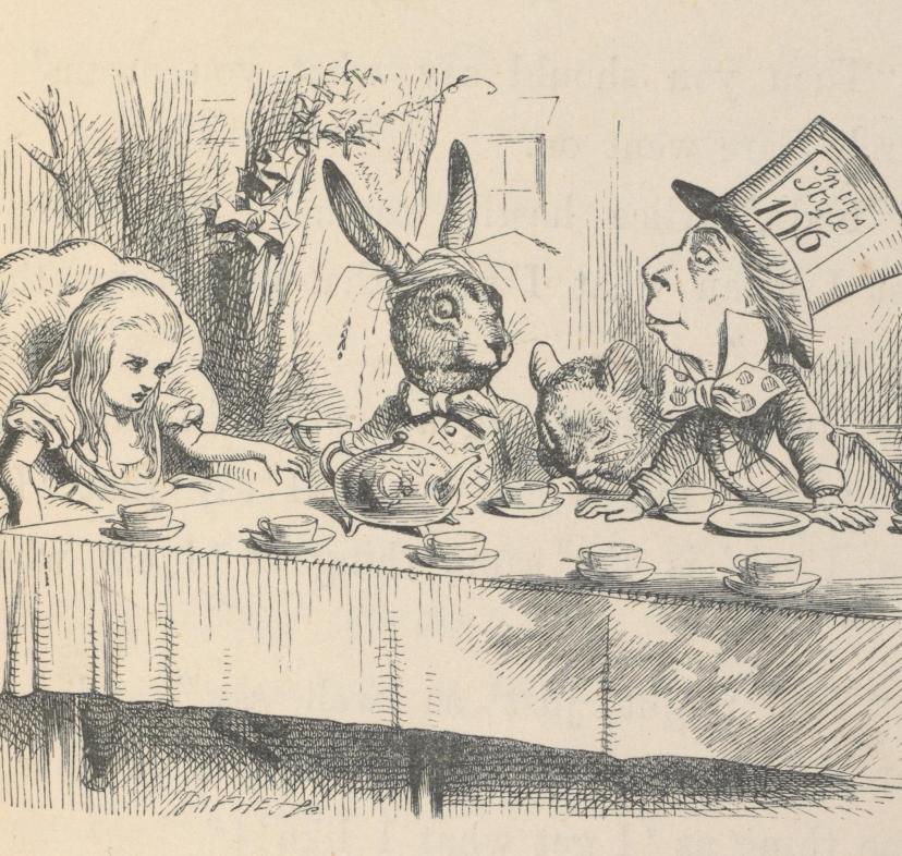 Alicia en la fiesta del té del Sombrerero Loco, ilustración para Alicia en el País de las Maravillas de John Tenniel, 1865. 
