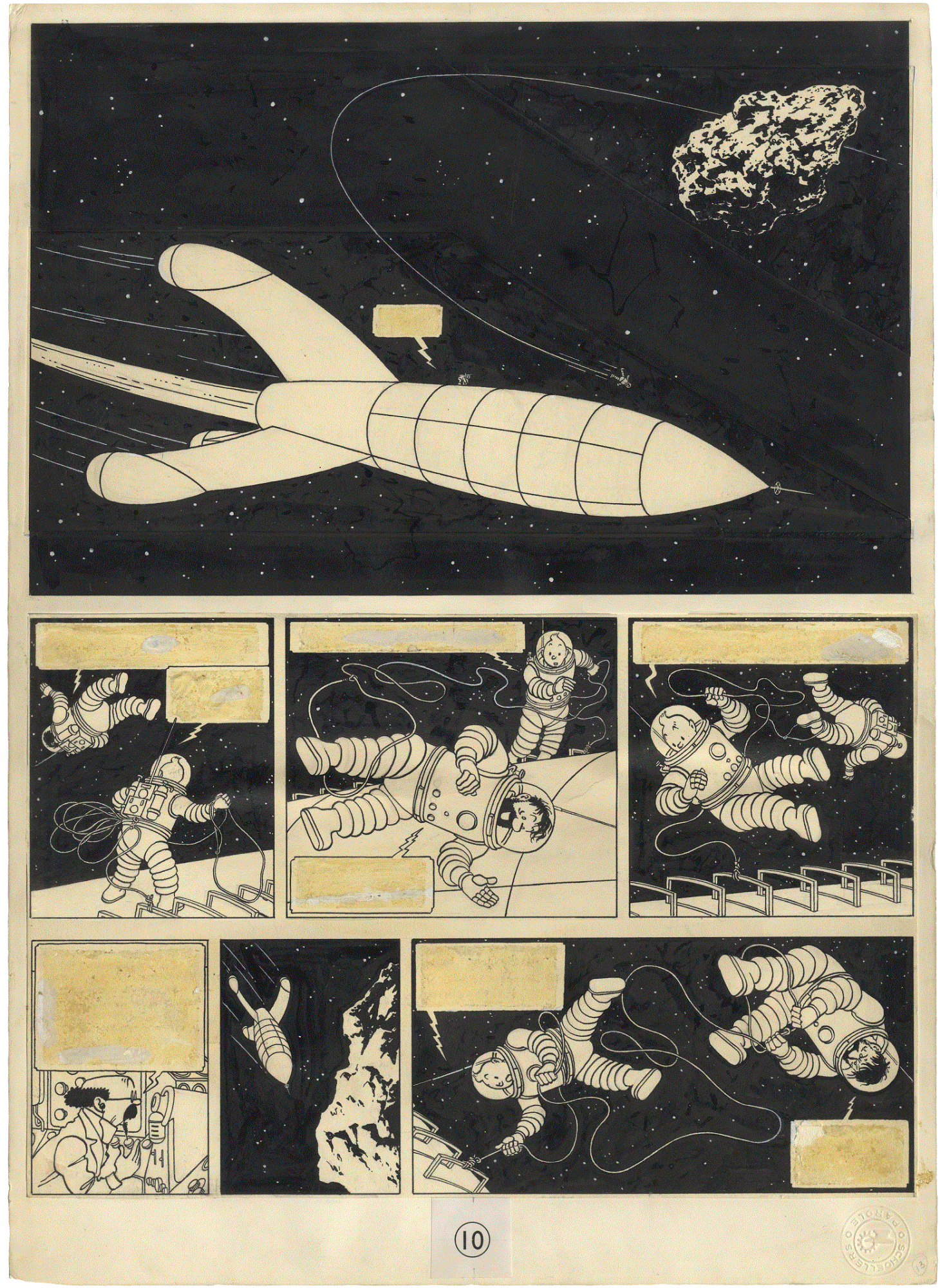 Exposición Cómic. Hergé (Georges Rémi), Tintín, vol. 17 Caminamos en la luna, página 6, 1954 (tinta china sobre papel) Moulinsart/Casterman.